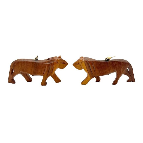 Pair of Wooden Hand Carved Lion Earrings Drop Dangle Brown Safari Tribal Boho - Picture 3 of 5